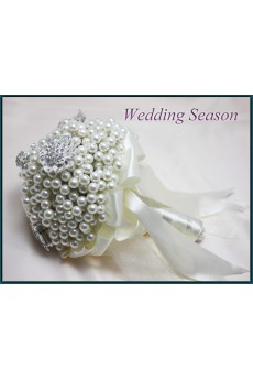 White Fabric and Imitation Pearls Wedding Bridal Bouquet with Rhinestone