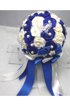 Round Shape Ivory and Royal Blue Satin Wedding Bridal Bouquet with Imitation Pearls