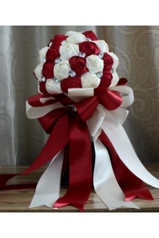 Round Shape Burgundy and Light White Fabric Wedding Bridal Bouquet with Rhinestone