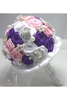 Round Shape Purple and White and Pink Fabric Wedding Bridal Bouquet with Imitation Pearls and Rhinestone