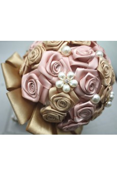 Round Shape Dark Yellow and Pink Wedding Bridal Bouquet with Imitation Pearls