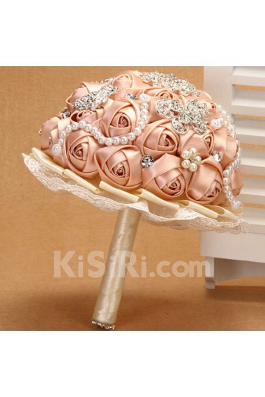 Round Shape Champagne Fabric Rhinestone Wedding Bridal Bouquet with Imitation Pearls