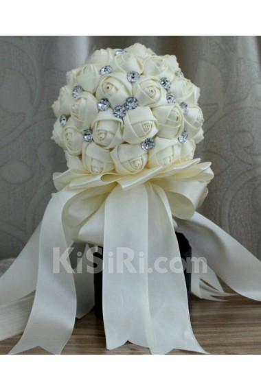 Handmade Round Shape Ivory Satin Rhinestone Wedding Bridal Bouquet
