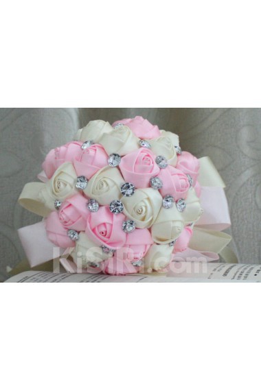 Handmade Round Shape Ivory and Pink Satin Rhinestone Wedding Bridal Bouquet