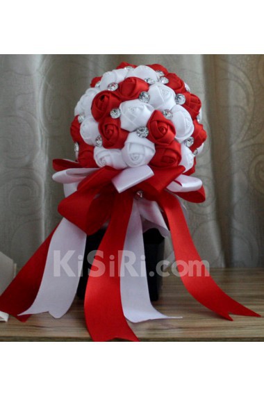 Handmade Round Shape Red and White Satin Rhinestone Wedding Bridal Bouquet