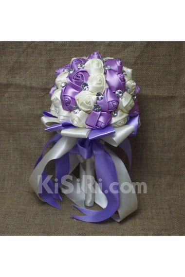 Handmade Round Shape Light Purple and Light White Satin Rhinestone Wedding Bridal Bouquet