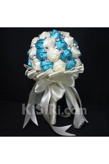 Handmade Round Shape Blue-Green and Light White Satin Rhinestone Wedding Bridal Bouquet