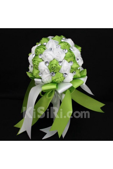 Handmade Round Shape Olive Green and White Satin Rhinestone Wedding Bridal Bouquet