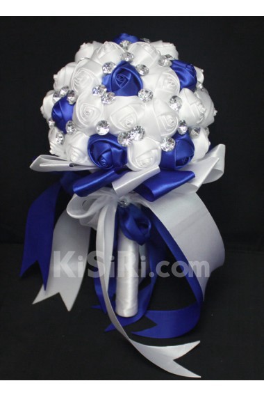 Handmade Round Shape Royal Blue and White Satin Rhinestone Wedding Bridal Bouquet