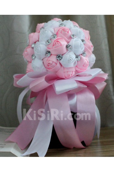 Handmade Round Shape Pink and White Satin Rhinestone Wedding Bridal Bouquet