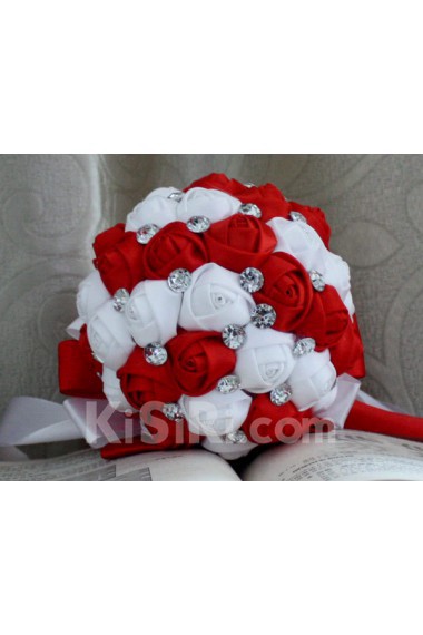 Handmade Round Shape Red and White Satin Rhinestone Wedding Bridal Bouquet