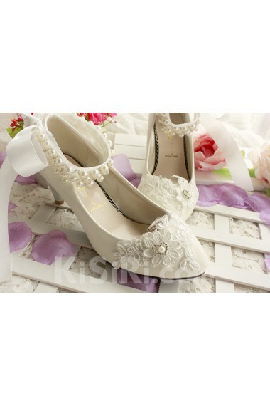Lace Imitation Pearls Wedding Shoes with Silk Ribbon