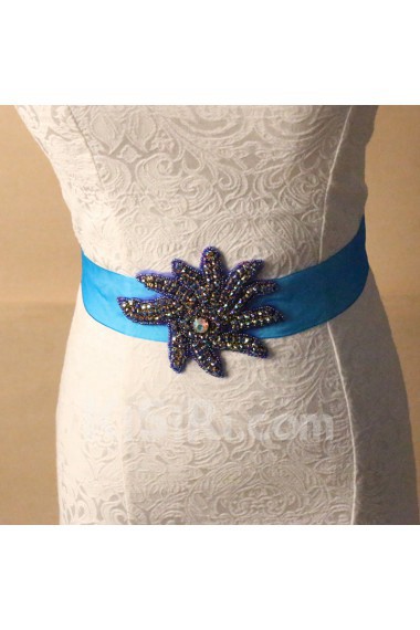 Handmade Blue Yarn Rhinestone Wedding Sash