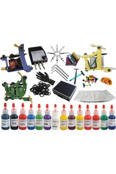 2 Professional 10 Coil Wraps Tattoo Guns Kit with LED Power Supply and 14 Colors