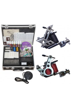 2 Stainless Steel Professional Tattoo Guns Kit with Locking Aluminum Carrying Case (7 Colors)