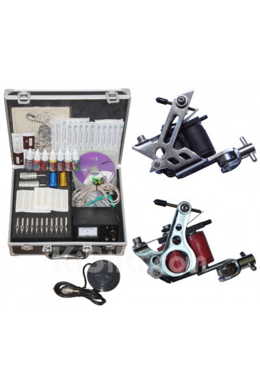 2 Stainless Steel Professional Tattoo Guns Kit with Locking Aluminum Carrying Case (7 Colors)