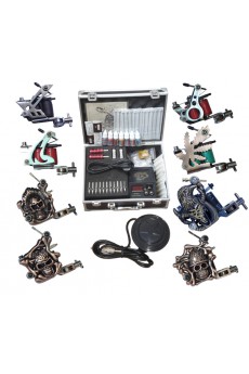 Stainless Steel Tattoo Machines Kit Completed Set with 8 Tattoo Guns and LCD Power Supply 