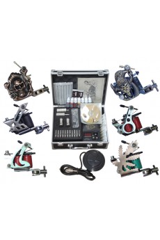 6 Stainless Steel Tattoo Machines Kit with LCD Power Supply and 7 x 10ml Colors