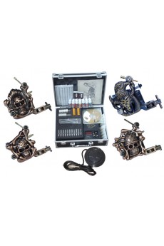 Professional Tattoo Machines Kit Completed Set with 4 Stainless Steel Tattoo Guns and LCD Power Supply 
