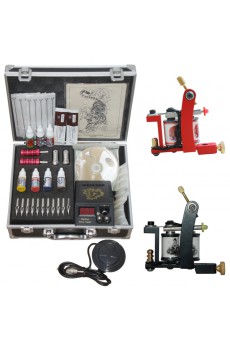 Tattoo Machines Kit Completed Set with 2 Stainless Steel Tattoo Guns and LCD Power Supply