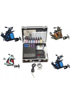 4 Stainless Steel Tattoo Machines Kit with LCD Power Supply and 8 x 10ml Colors