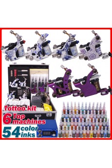 6 Professional Tattoo Machines Kit with LCD Power Supply and 54 Colors