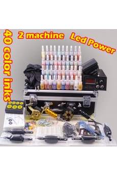 2 Professional Tattoo Machines Kit with LCD Power Supply and 40 Colors