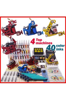 4 Tattoo Machines Kit with Power Supply and 40 Colors
