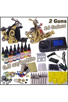 2 Tattoo Machines Kit with LCD Power Supply (14 Colors)
