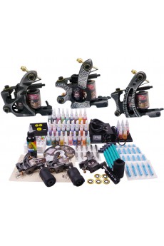 3 Tattoo Machines Kit for Lining and Shading (54 x 5ml Colors Included)