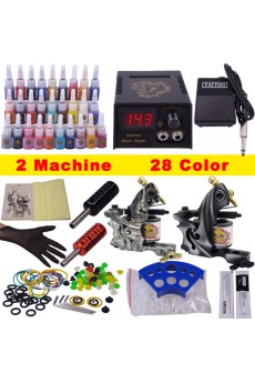 2 Professional Tattoo Guns Kit with LCD Power Supply and 28 Colors Included