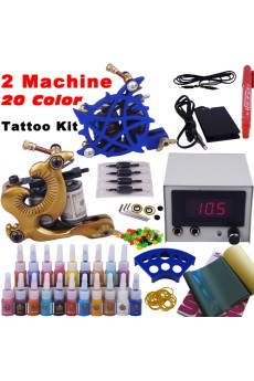 2 Tattoo Machines Kit with LCD Power Supply and 20 Colors