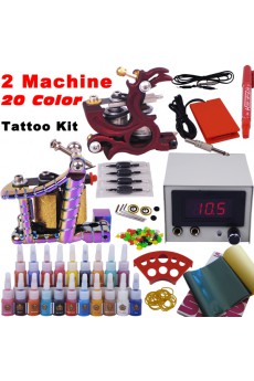 2 Professional Tattoo Machines Kit with LCD Power Supply and 20 x 5ml Colors