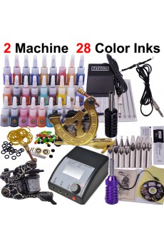 2 Professional Tattoo Machines Kit with LED Power Supply Tattoo Light (28 Colors)