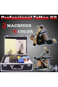 Tattoo Machines Kit Completed Set with 2 Tattoo Guns and Locking Aluminum Carrying Case (40 Colors)