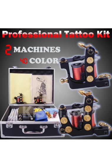 2 Tattoo Guns Tattoo Kit with Locking Aluminum Carrying Case and 40 Ink