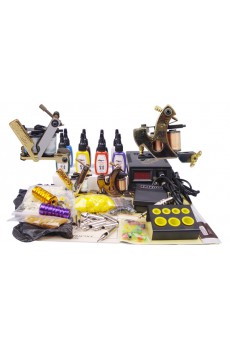 2 Professional Tattoo Machine Guns with LCD Power Supply (8 x 15ml Colors Included)