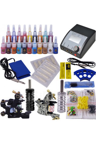 2 Professional Tattoo Guns Kit with LED Power Supply and 20 x 5ml Colors
