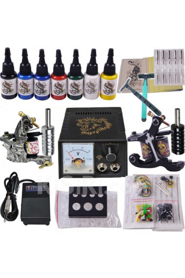 2 Professional Tattoo Guns Kit for Lining and Shading (7 Colors Included)