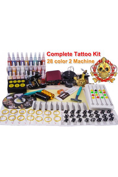 2 Professional Tattoo Guns Kit with 28 x 5ml Colors for Lining and Shading 