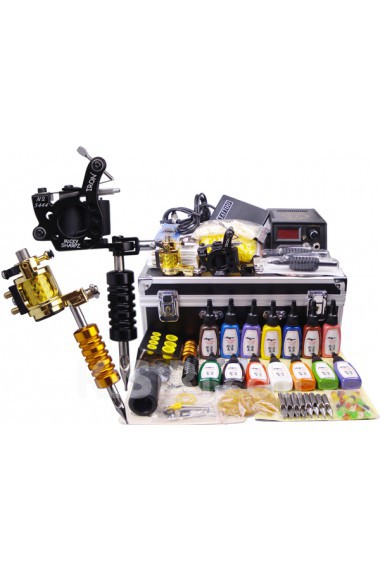 2 Top of Professional Tattoo Guns Kit with LED Power Supply (14 x 15ml Colors Included)