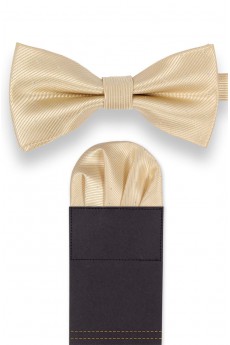 Men's Beige Microfiber Bow Ties and Pocket Square