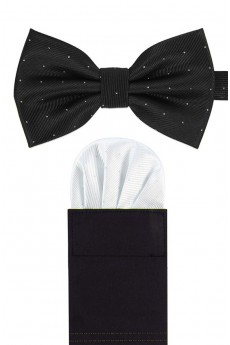 Men's Black And White Microfiber Bow Ties and Pocket Square