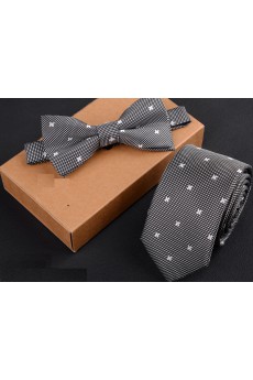 Gray Polka Dot Cotton-Microfiber Blended 
Necktie and Bow Tie