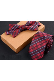 Red Plaid Cotton-Microfiber Blended 
Necktie and Bow Tie