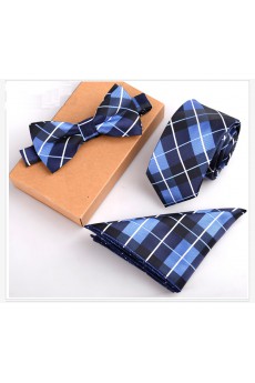 Blue Plaid Microfiber 
Necktie and Bow Tie and Pocket Square
