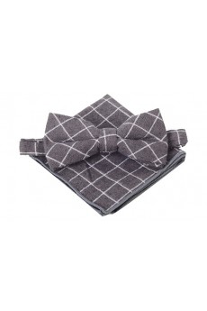 Gray Checkered Cotton, Linen 
Bow Tie and Pocket Square