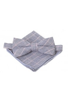 Gray Plaid Cotton, Linen 
Bow Tie and Pocket Square