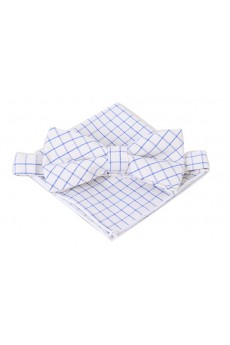 White Checkered Cotton, Linen 
Bow Tie and Pocket Square