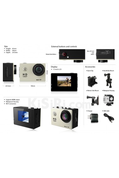 170 Degree Wide Angle 1.5" WiFi Full HD 1080P HDMI Sports Camera for Camping Hiking and Traveling